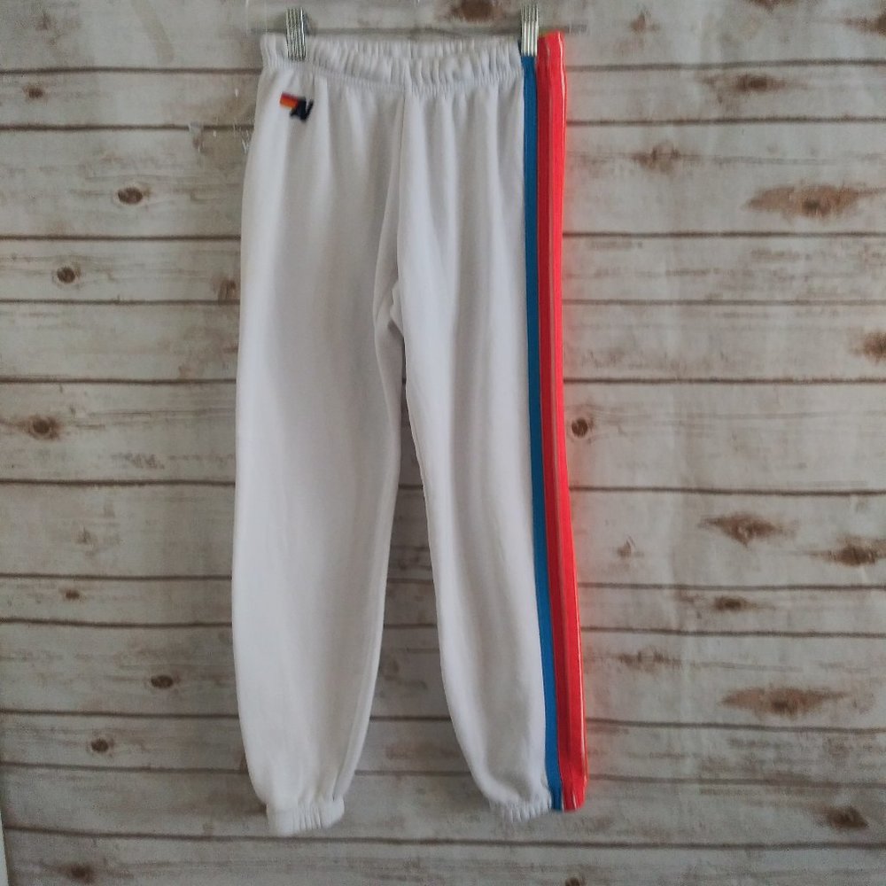 Aviator Nation White Joggers with Red and Blue Stripes